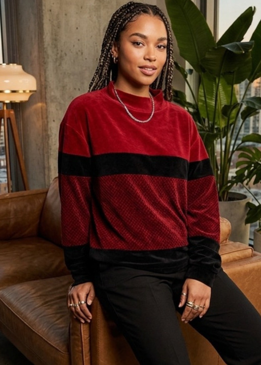 Erika Tops - Vintage Grannycore Striped Mockneck Velour Sweatshirt Blouse